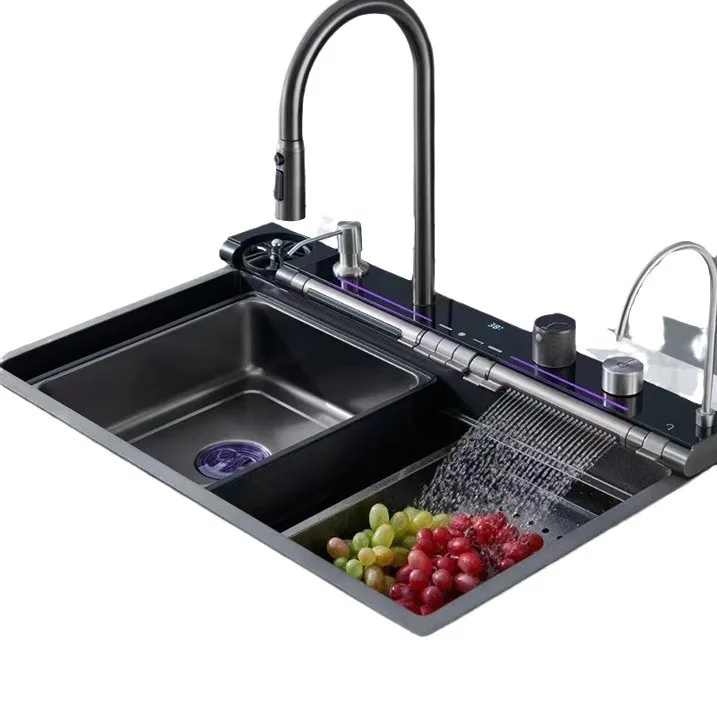 Commercial Restaurant Two Bowls Stainless Steel Waterfall Double Multifunctional Glass Rinser Smart Kitchen Sink