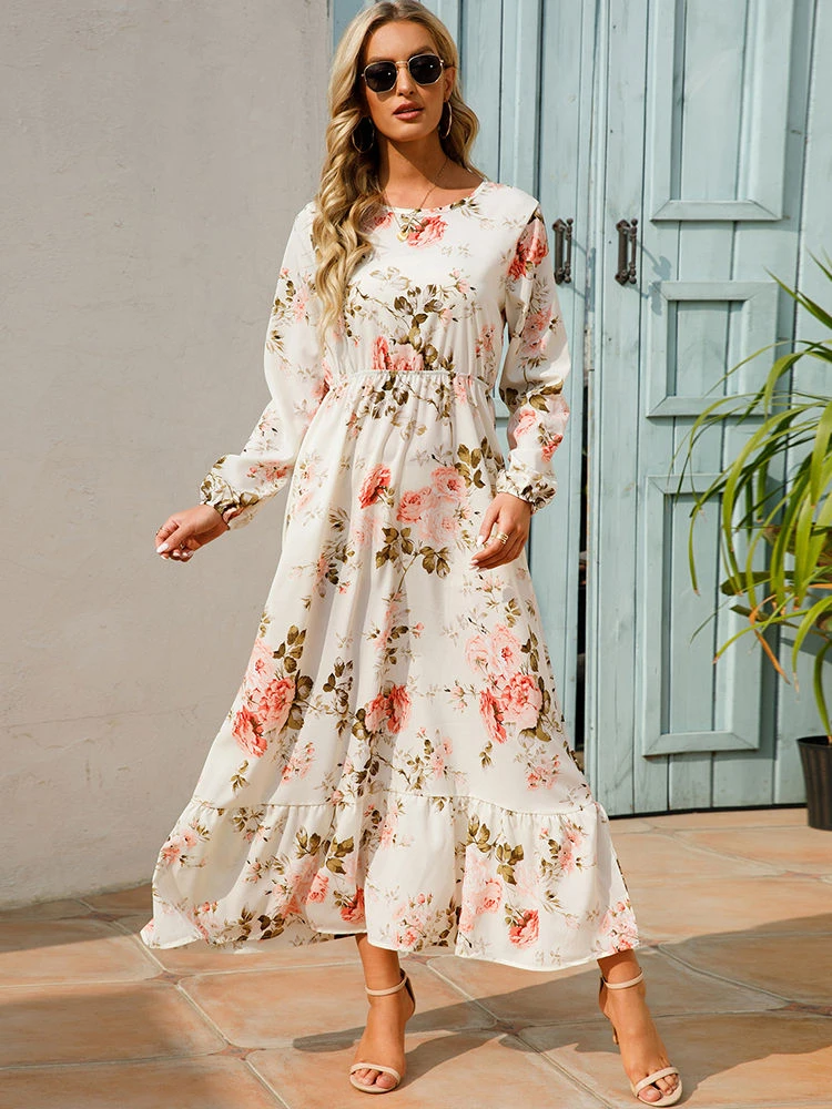 Spring Women Maxi Dresses Casual Full Sleeve Floral Printed O-neck Woman Bohe Beach Party Long Dress Mujer Vestidos Dropshipping