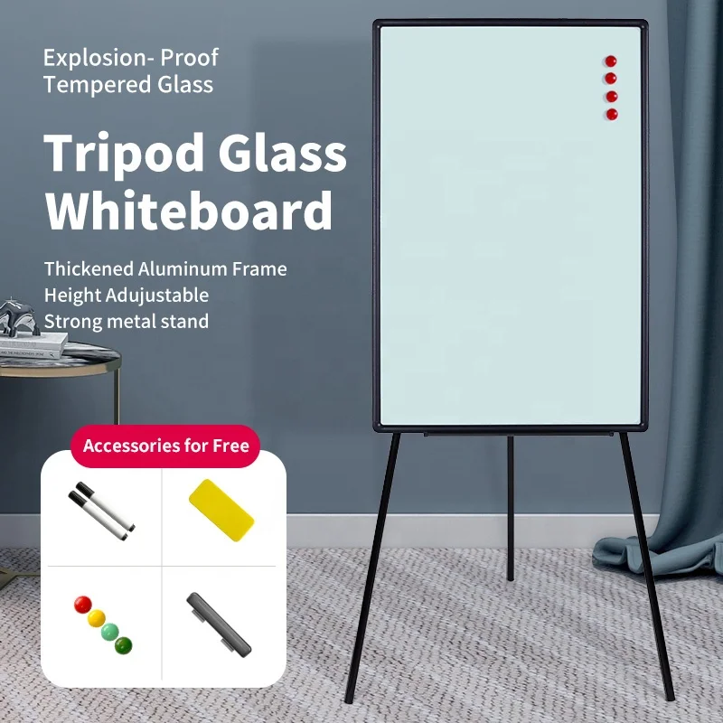 High quality magnetic Surface Glass Whiteboard Mobile Flipchart With Legs white board stand Interactive Notice Board