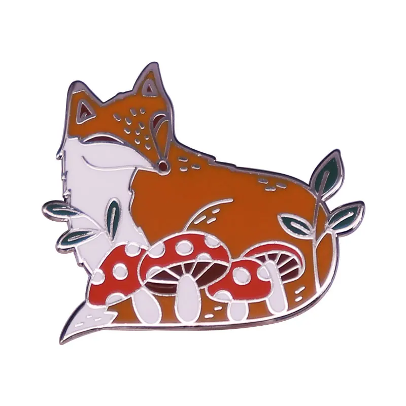Mushroom Red Fox Enamel Pin Forest Spirit Autumn Animals Badge
