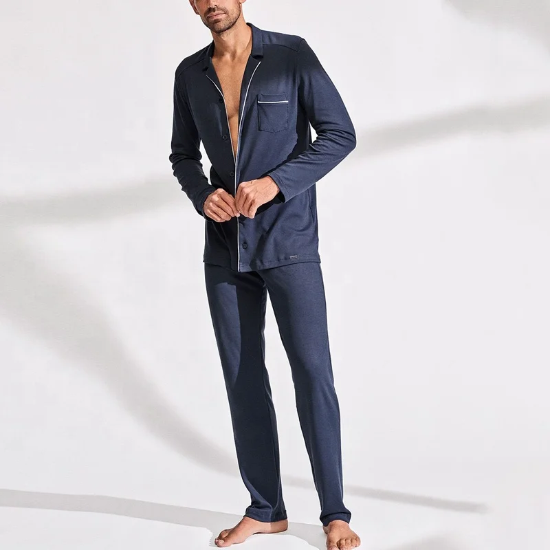 Custom 100% cotton organic pajamas long sleeve lapel pajamas home wear mens sleepwear solid color pajamas two-piece set