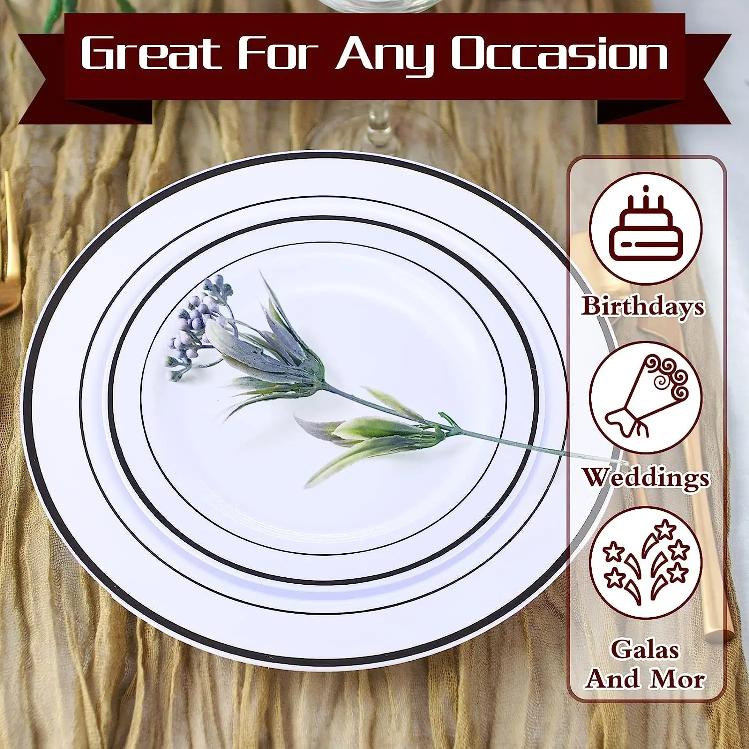 Round Disposable Dinnerware Set  heavy duty Salad plates and dessert plates dishes  with rim for party supplies