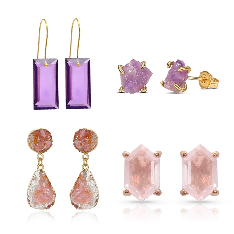 Direct Manufacturer Women Pink Crystal Jewelry Yellow Gold Plated S925 Silver Raw Natural Stone Earring Round For Wedding