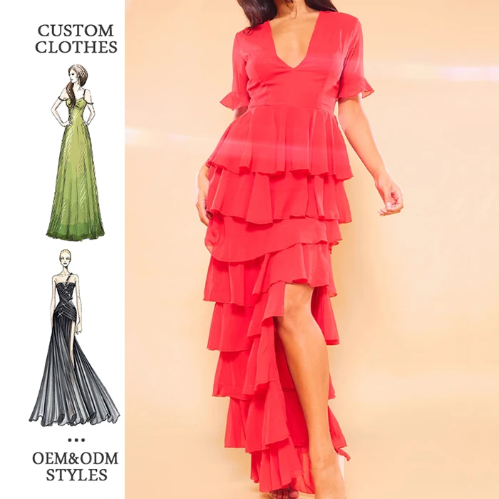 Women Designers Dresses Luxury Red Chiffon Ruffle Layer Vintage Casual Dresses Party Dresses Women Evening Elegance 2024