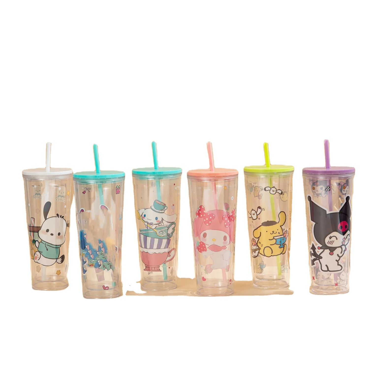 Botu new 24oz kawaii melody kuromi kitty anime print plastic cups Large Capacity Double-layer Kids Gifts with straw water bottle