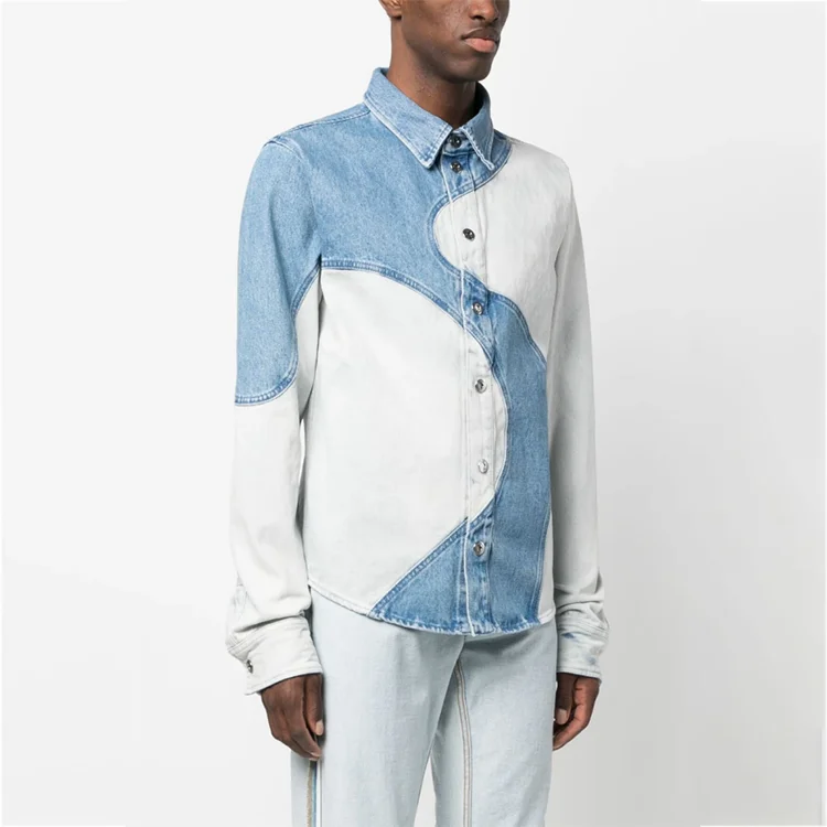 Custom embroidery logo denim cotton curve patchwork long sleeves shirt for men