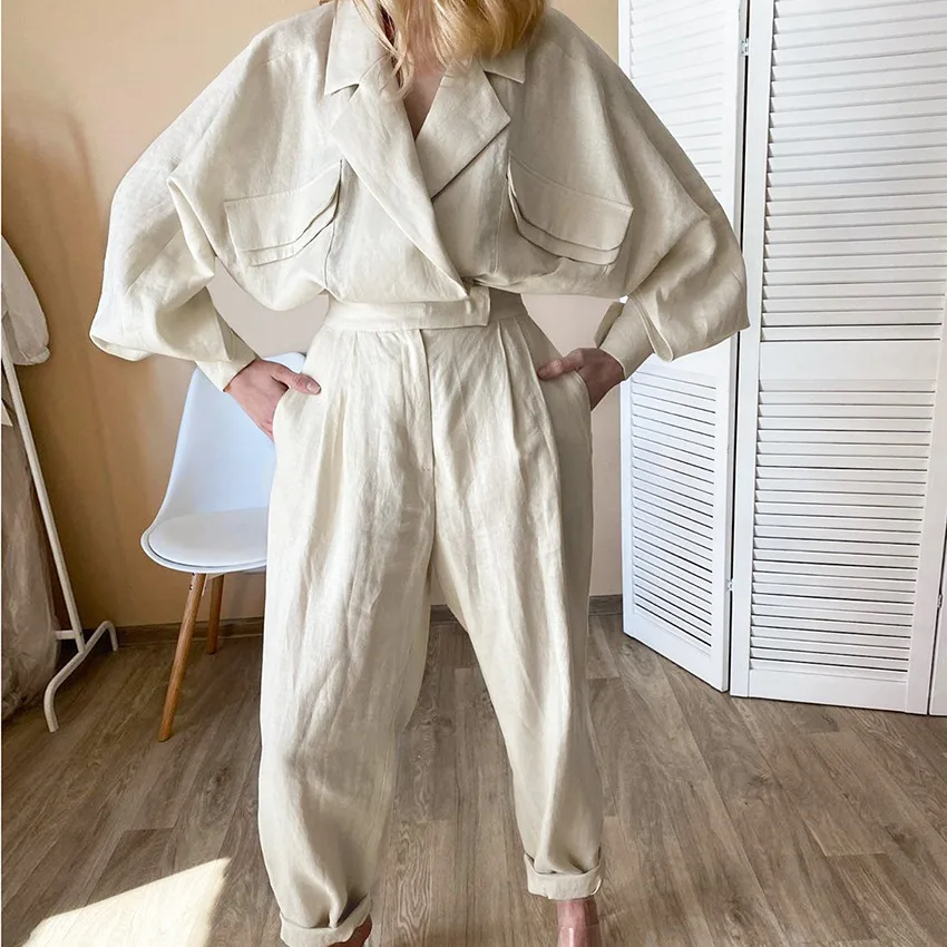 Women Casual Linen BlazerJackets Pants Set Oversized Blazer Suit Working Suits Beige Blazer