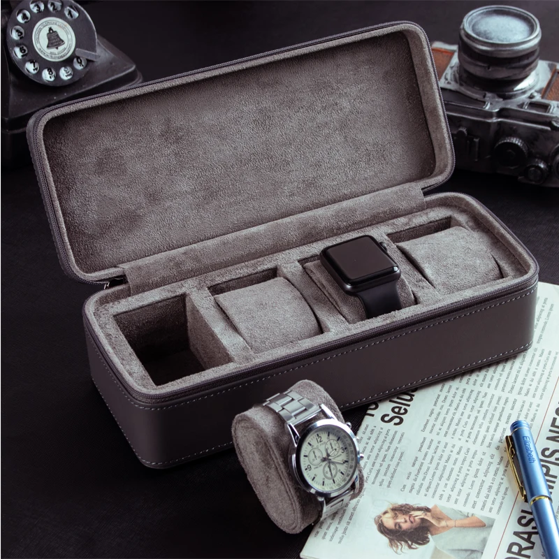 4 Slot Grey Leather Zipper Portable Storage Display Watch Travel Case Box With Cushions
