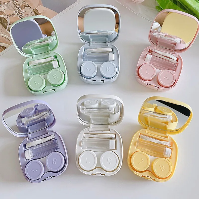 DIY Colorful Square Mirror Eye Contact Lens Case With Insertion And Removal Tool Plastic Box Holder Container Travel Use