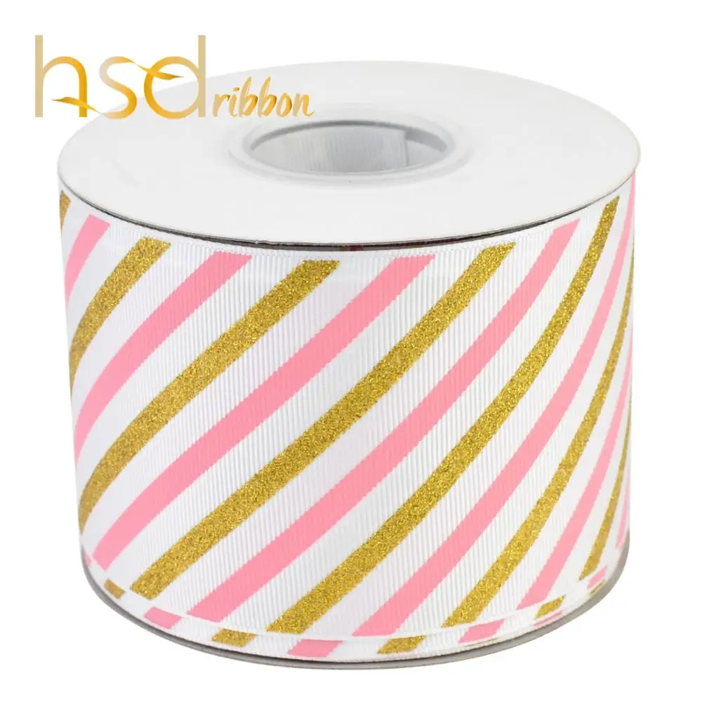 HSDRibbon 3 inch 75MM hsd-new design Series ink and Glitter printed on white grosgrain ribbon striped pattern ribbon