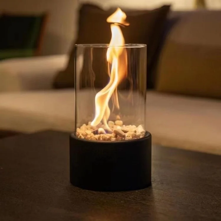 Portable Steel Fire Bowl Glass Ethanol Table Top Fire Pit with Black & White Stones Bio Ethanol Fuel