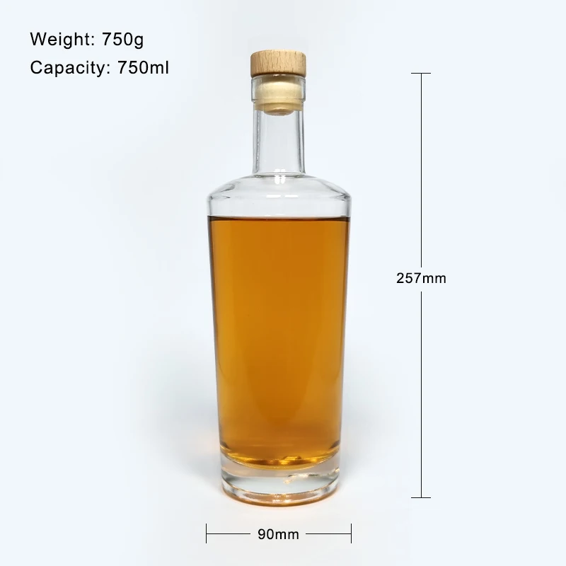 Wholesale Transparent  750ml Empty Vodka Liquor Glass Bottles for Rum Whiskey Liquor with Cork top