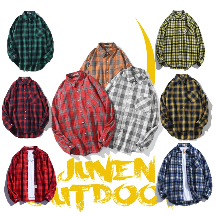 2023 Spring new big sizes drop shoulders Loose casual plaid long sleeve shirt Colorblock flannel checked shirt