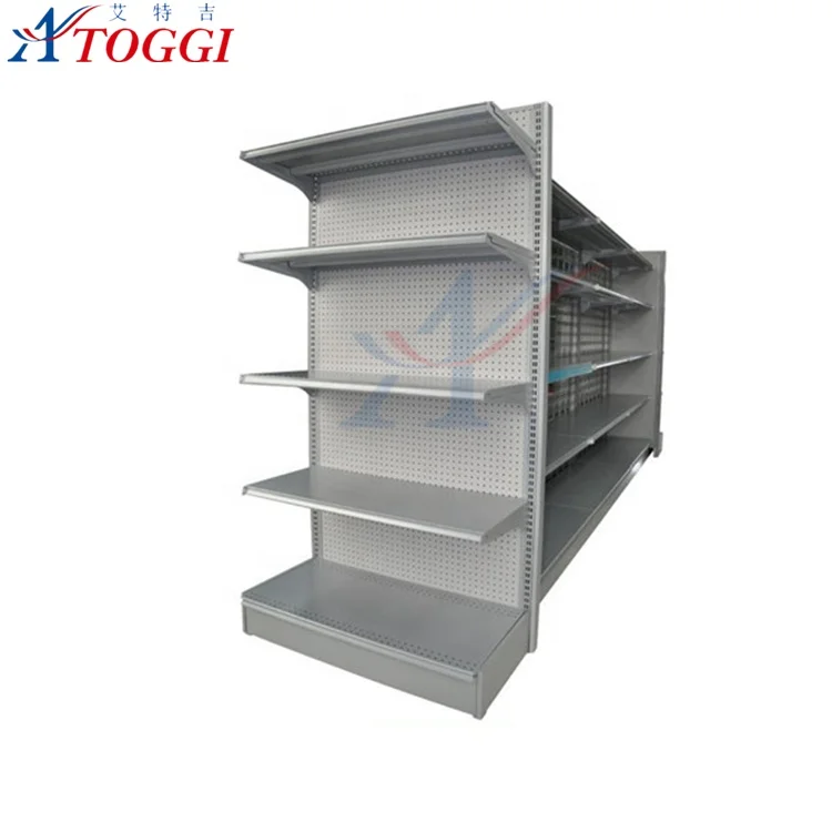 metallic supermarket food display shelf