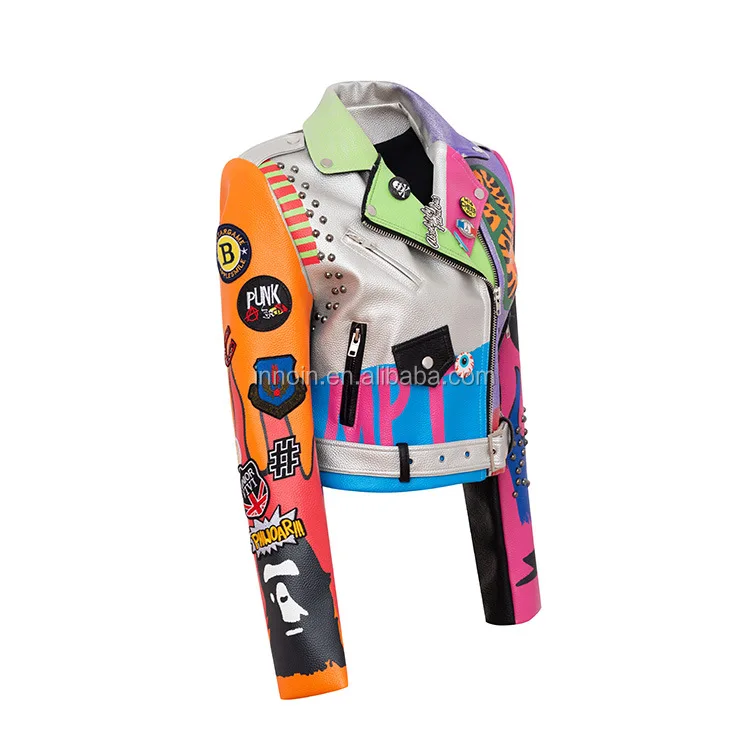 3xl 4xl women and men rivet beading pu leather jacket hit color streetstyle Graffiti outerwear letters printed leather jackets