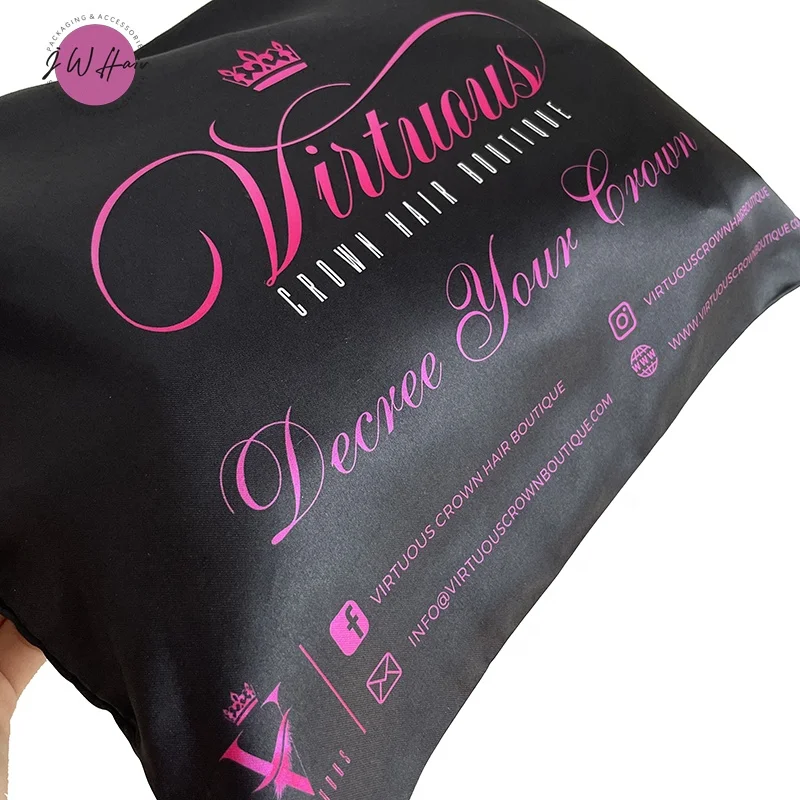 Hair Extensions Packaging Silk Zipper Bag Custom All Over Logo Printed Satin Zip Wig Storage Gift Bag