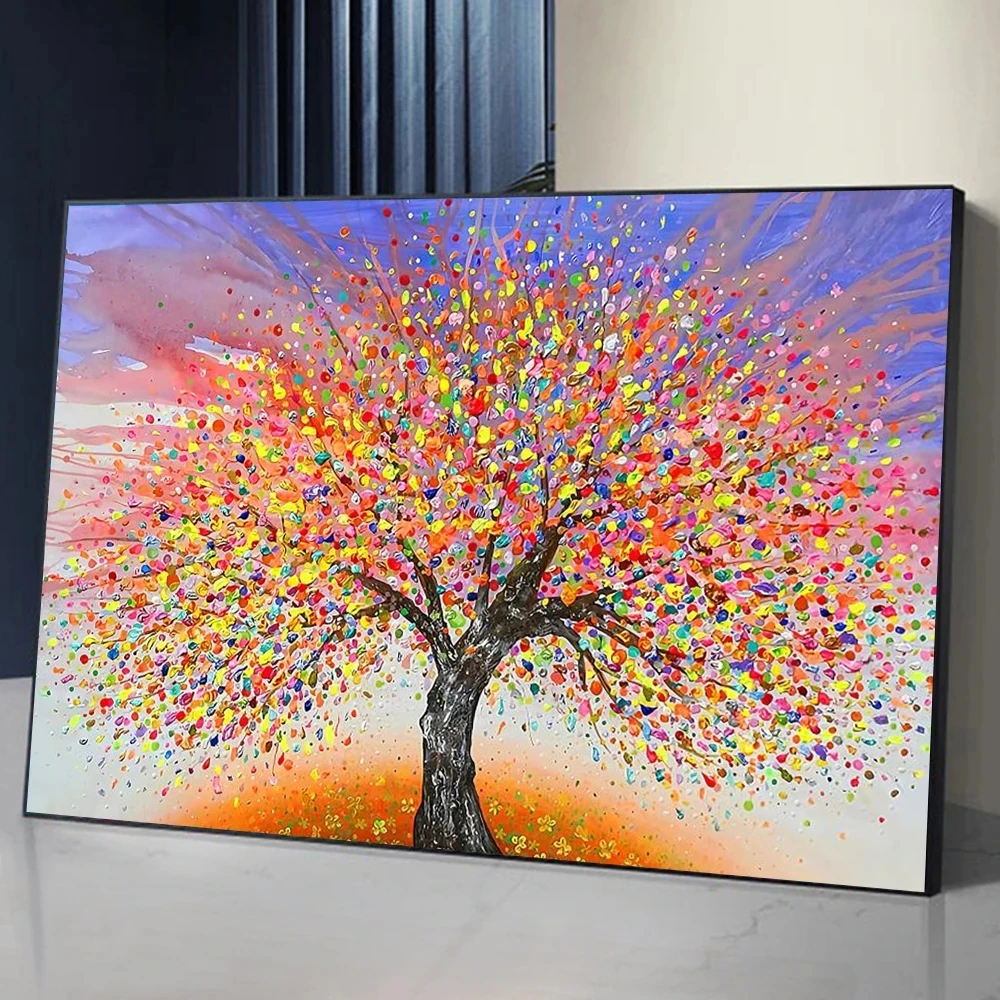 Modern Framed Red Art Tree Landscape Scenery Home Decor Canvas Textured Acrylic Painting for Kids Room Wall