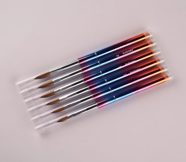 Custom Logo Pinceles 100% Pure Kolinsky Brush USA Size #2 - #18 Rainbow Metal Handle Kolinsky Sable Nail Acrylic Brush