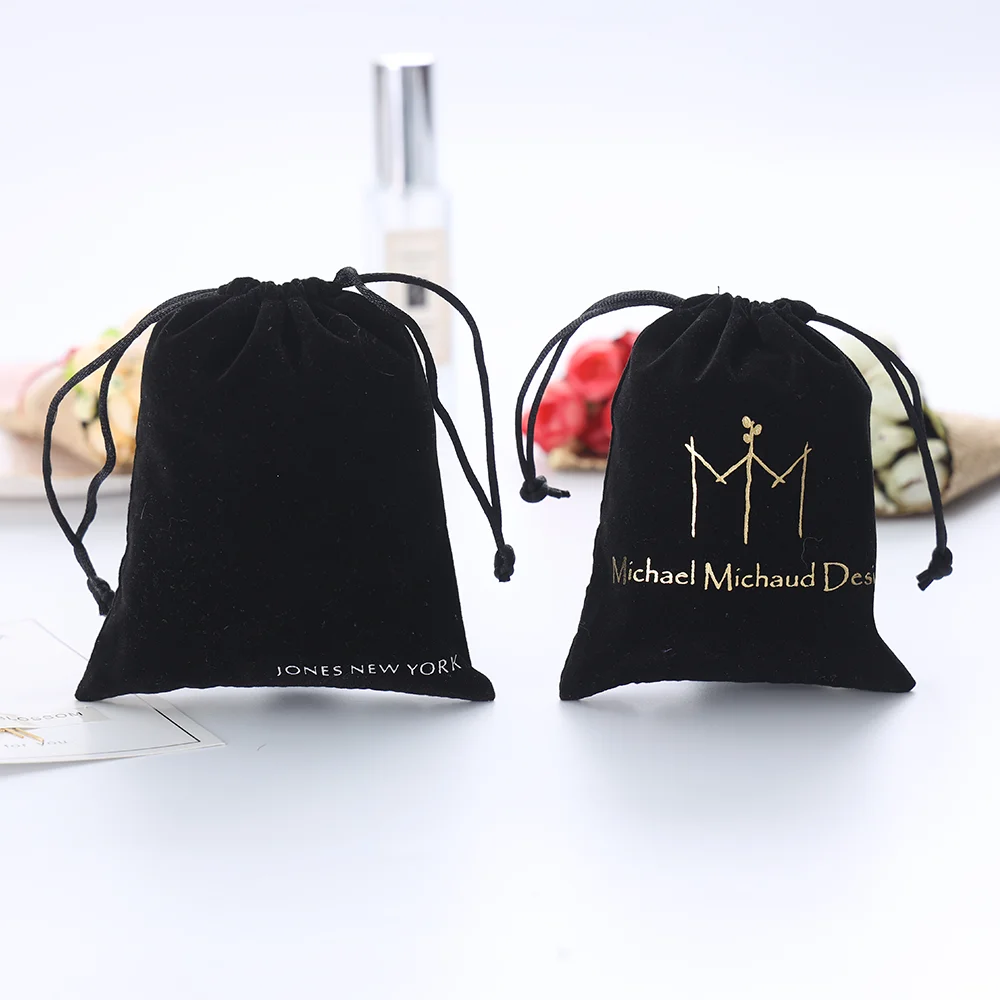 Hot Sale Wholesale Bronzing Logo Small Storage Bag Black Gift Jewelry Velvet Drawstring Pouch