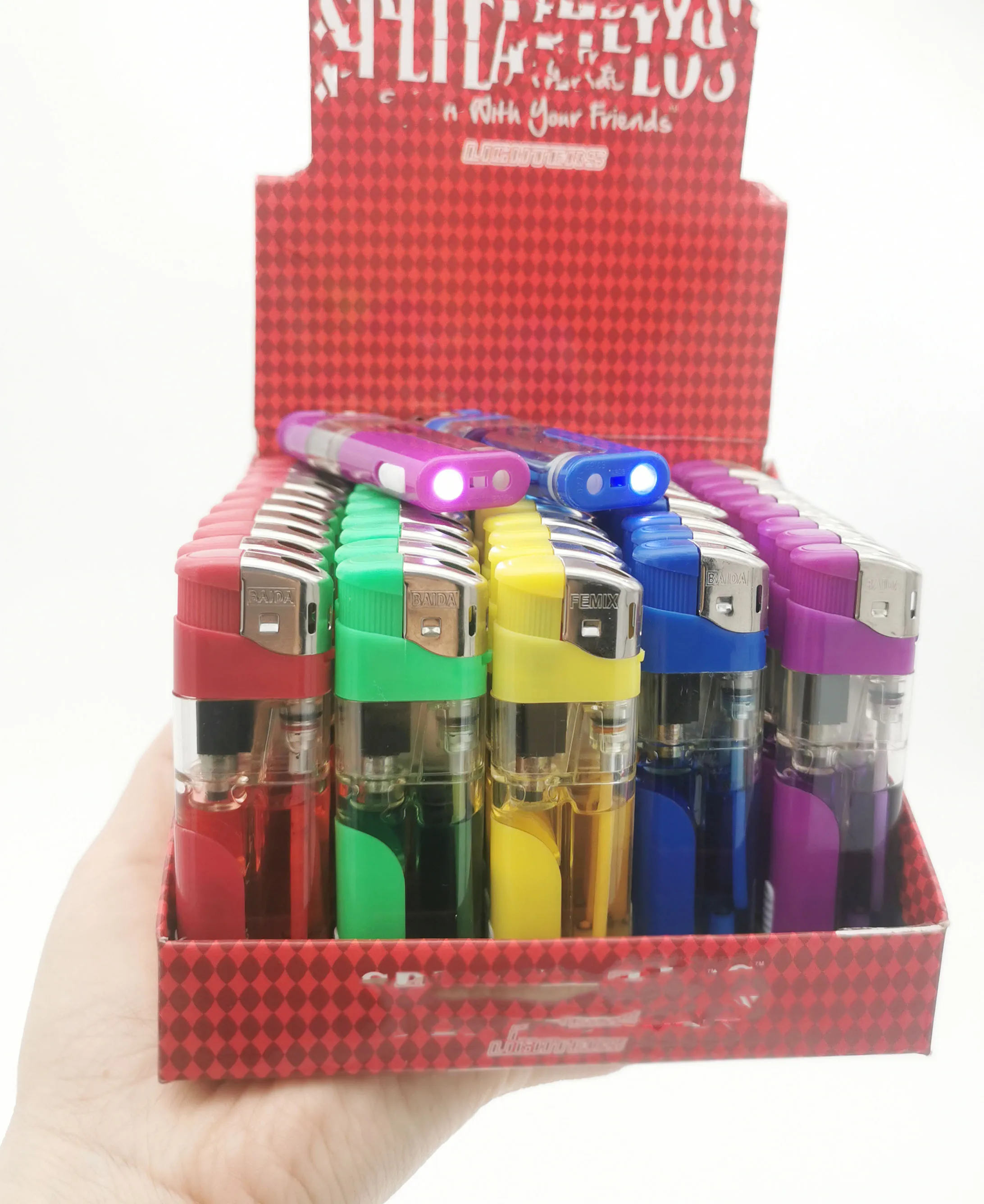 Best Selling Supplies Colored 5 Colors Assorted High Led Lighters With Color Gas Baida