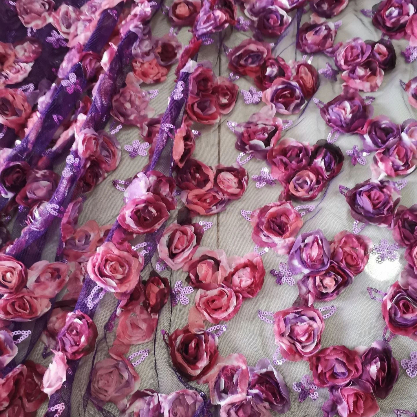 3D bead embroidery mesh rose flower PET bead embroidery mesh dress fabric