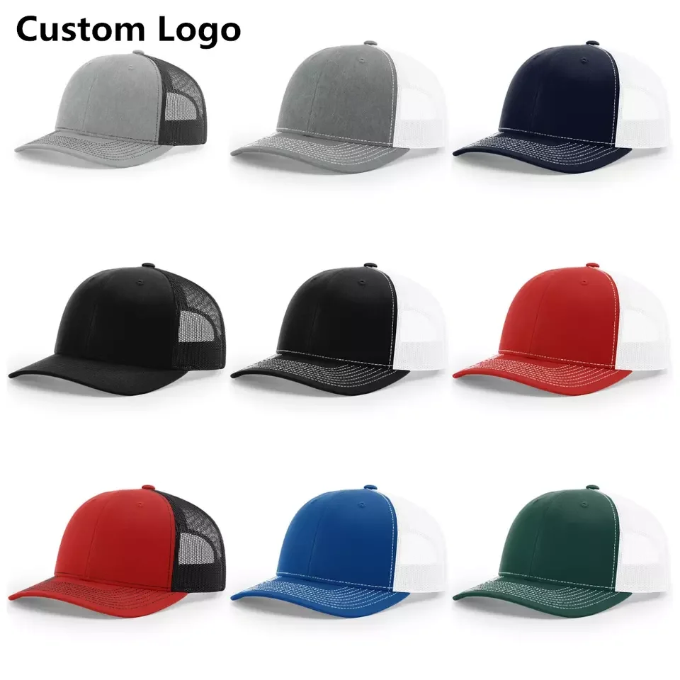 Custom 6 panel richardson 112 style blank snapback cap plain black low profile trucker cap gorras mesh trucker hat