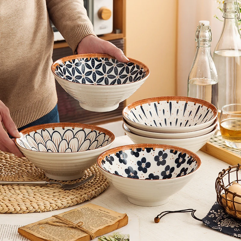 8 inch bohemian bamboo hat shape design restaurant tableware japanese noodle bowl dish serving bowls ramen ceramic bowl