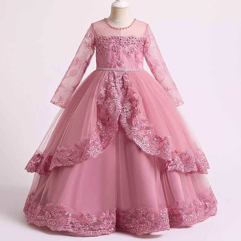 Teens Girls Lace Long Sleeve Princess Dress Kids Beaded Christmas Evening Party Gown Flower Girls Wedding Dress