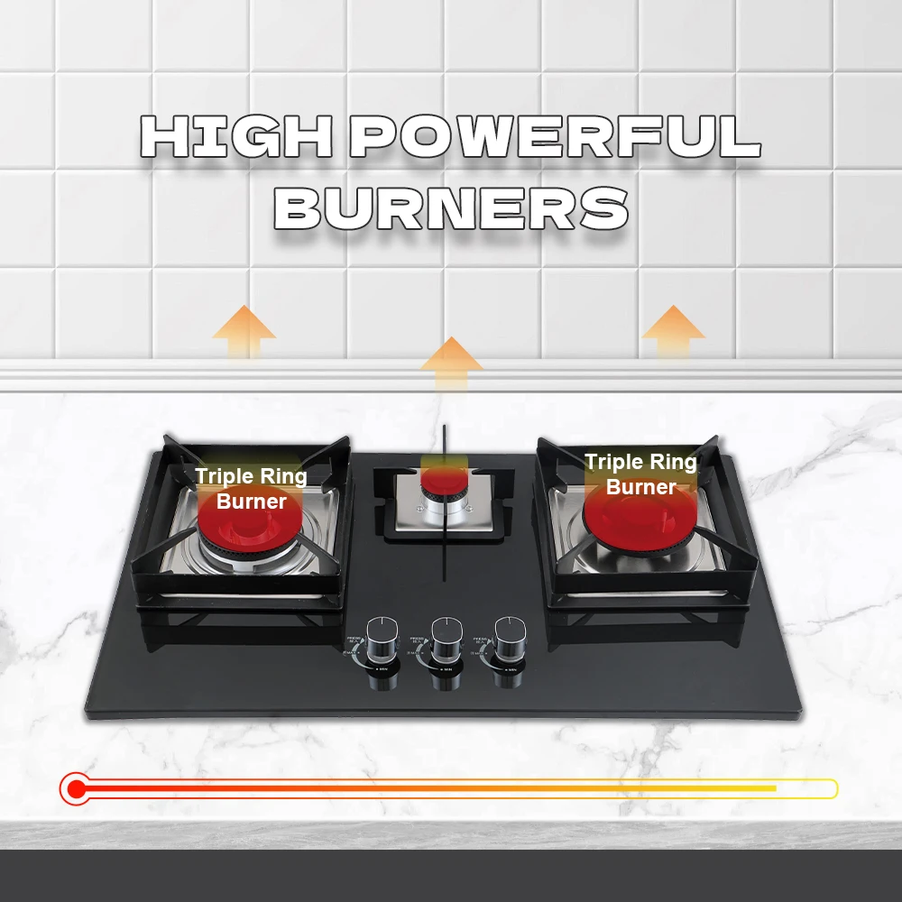 3 Burners Gas Stove Cooktop Glass Top Built-in Gas Burner Hob Propane Gas Cooktop