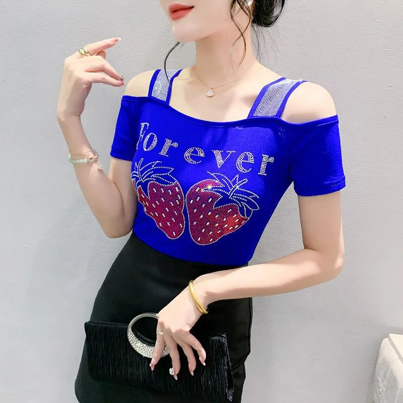 Women strawberry cartoon Print Rhinestone Shiny Sequined Clothes Slim Knit Tee Tops Nightclub Short Sleeve Shirts Party T-shirt