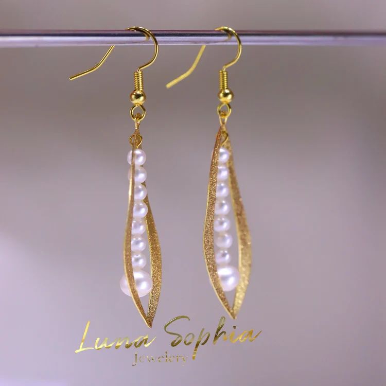 Оптом Позолоченный Пресноводный натуральный жемчуг ива лист ювелирные изделия ушной крючок