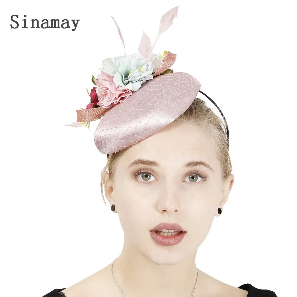 Women Phillbox Satin Top Artificial Flowers Fascinator Hat with Feather Tea Party Festival Headwear