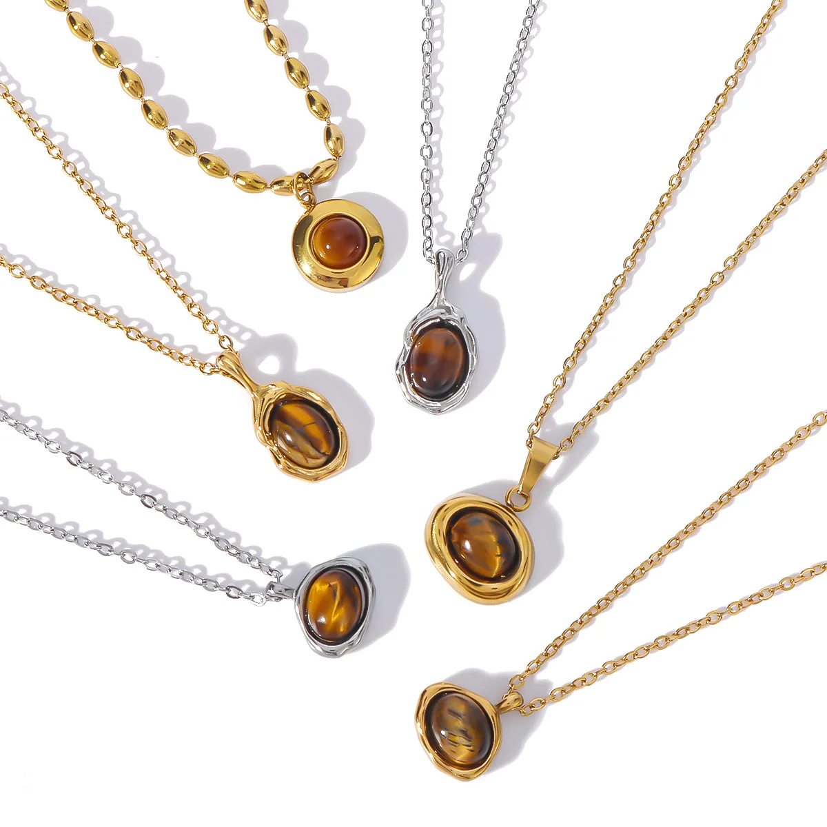 DUYIZHAO Fashion Vintage Stainless Steel Natural Stone Tiger Eye Opal Cat Eye Geometric Round Oval Necklace For Women