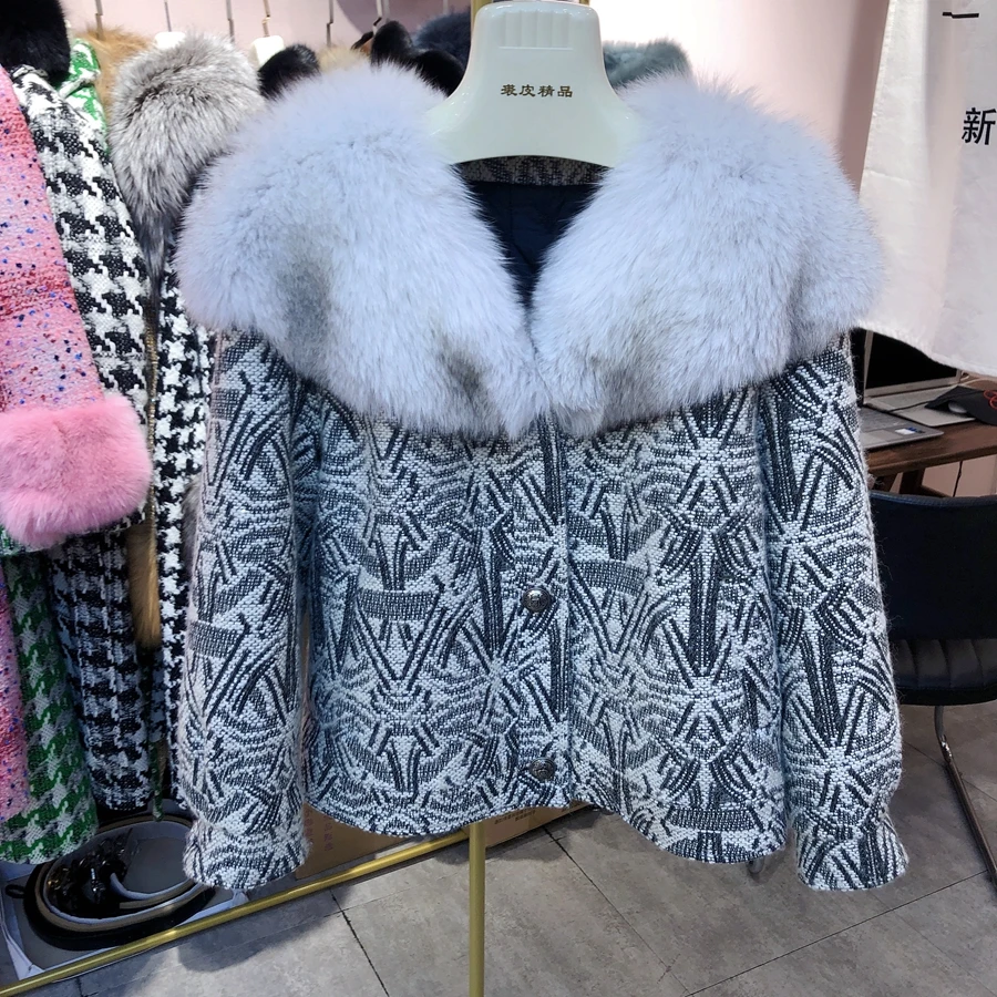HOT SALE Winter Real Fox Fur Collar Women Ladies Coat With Fluffy Fox Fur Trim Cashmere Wool Coat