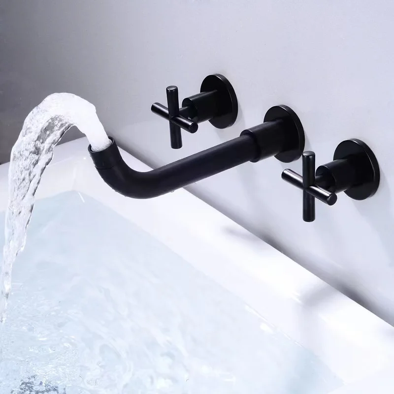 Luxury Europe Matte Black Dual Handle Wall Mounted Washroom Sink Tap Brass Hot Cold Mixer Basin Faucet
