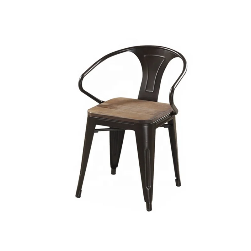 Industrial armrest dining chairs with wooden seat metal dining armchair Powder Coated Cafe chair