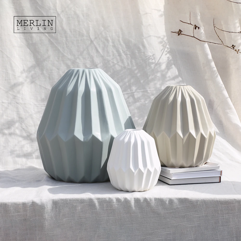 Merlin Living Beige White Matte Nordic Vase Round Textured Ribbed Flower Vase Modern Ceramic & Porcelain With Vases Decor