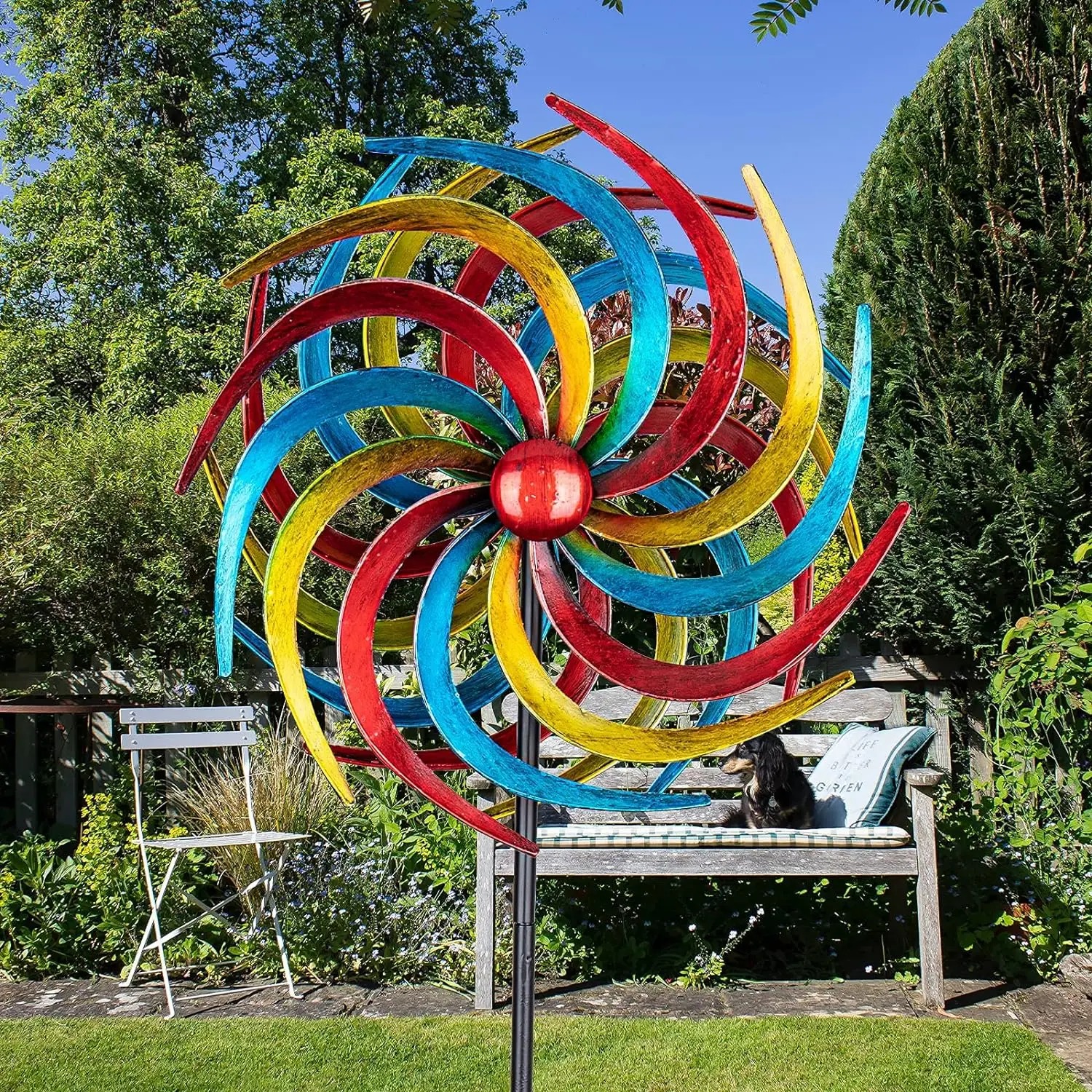 Wind wheel willow leaf colorful Kinetic sculpture Metal windmill with pilings garden courtyard outdoor mid-century modern decor