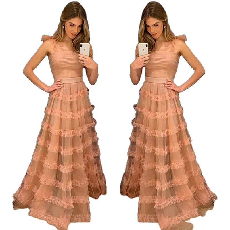 Romantic ladys evening dress Spaghetti Strap Bows prom dress lace mesh ball gown party dresses for girl