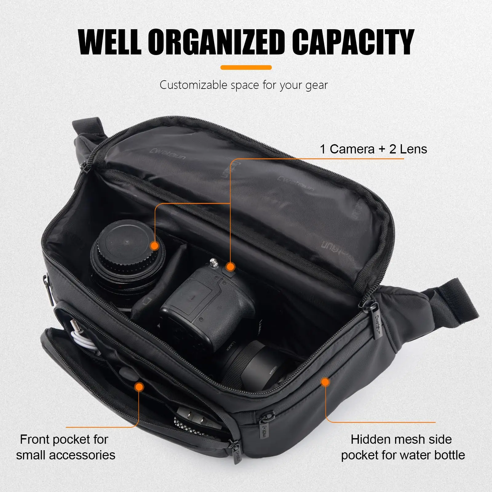 Cwatcun D105L Waterproof Leather DSLR SLR Lens Case Small Photography Sling Chest Crossbody Belt Camera Waist Bag for Canon