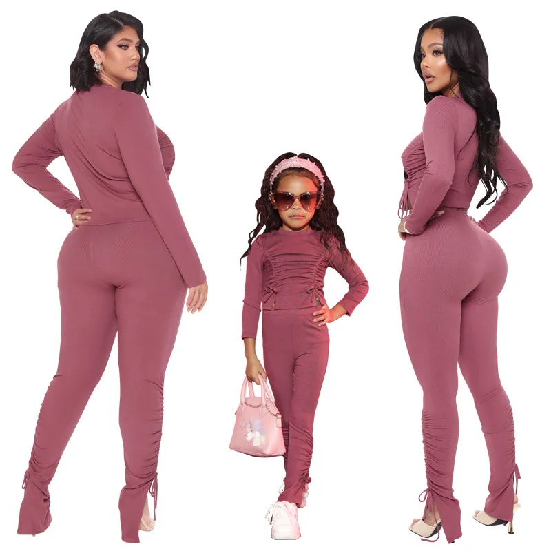 
Mom Daughter 2 Piece Solid Color Tight Yoga Wear Outfit Matching Mommy And Me Outfits Plus Size One Piece Jumpsuit 