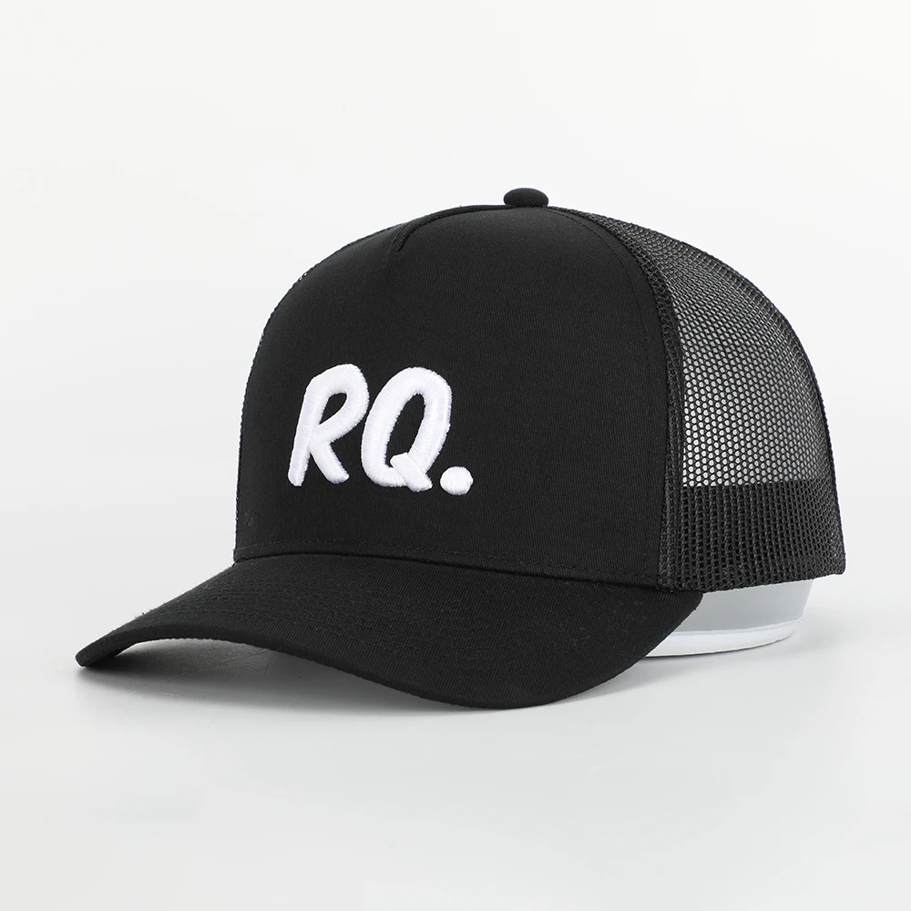 Oem Custom High Quality 5 Panel Cotton 3D Embroidery Logo Curved Brim Plain All Black Mesh Snap Back Trucker Cap Hat