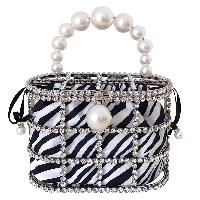 
Luxury Women Fashion Shinny Rhinestone Clutch Party Crystal Pearl Clutch Bucket Metal Evening Handbag Zebra Clutch Prom 