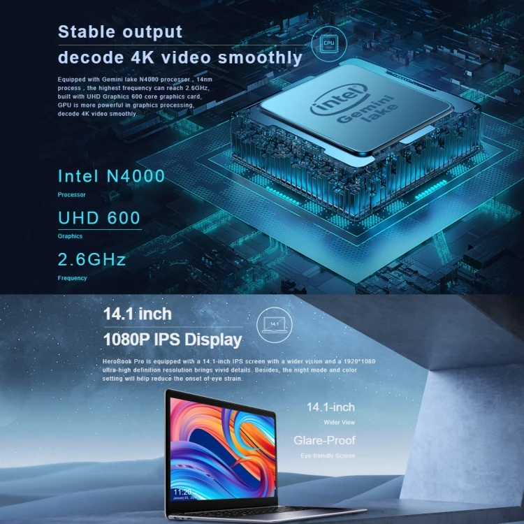 Original Chuwi Herobook Pro Laptops 14.1 inch RAM 8GB ROM 256GB Wins 10 Intel Gemini Lake N4000 Notebooks
