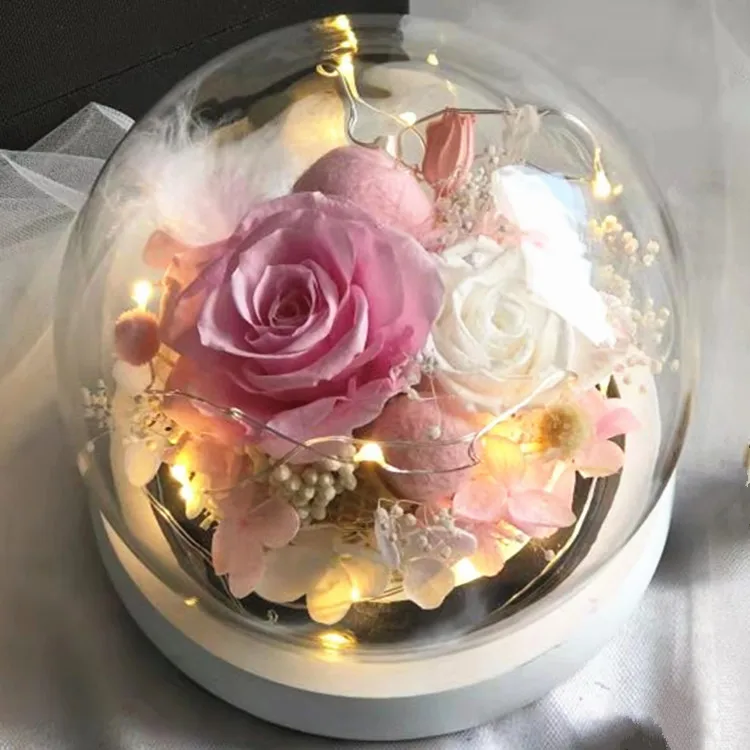 Wholesale New model Valentine day Birthday Christmas gifts everlasting rose flower led light wishing bottle with preserved roses