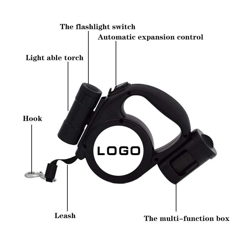 New Style Multi-function Retractable Dog Leash With Lithium Battery Light Biodegradable Poop Bag 5 m Pet Dog leash 42pcs/box
