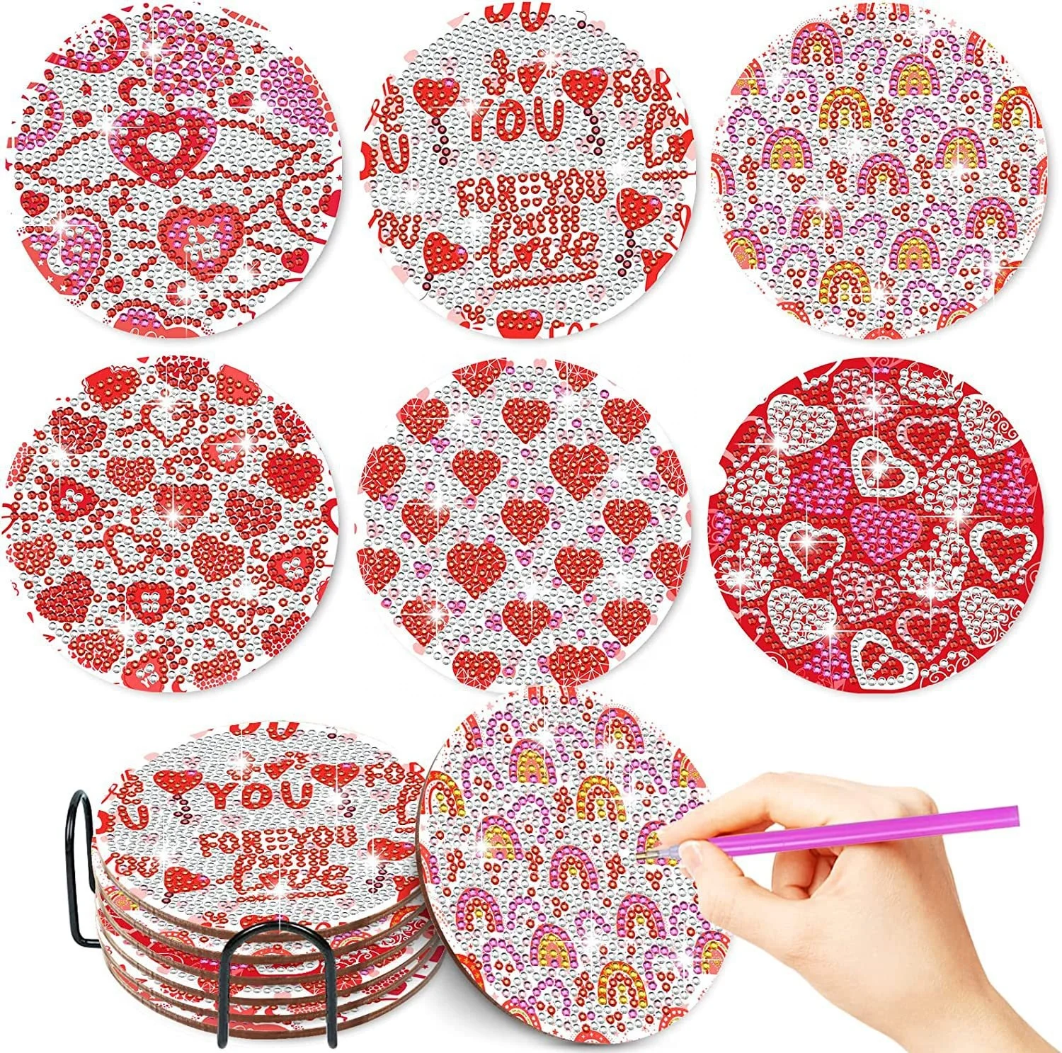 wholesale custom 6 Pieces set 5D Round Heart Valentines DIY Diamond Art Painting Coaster Kit