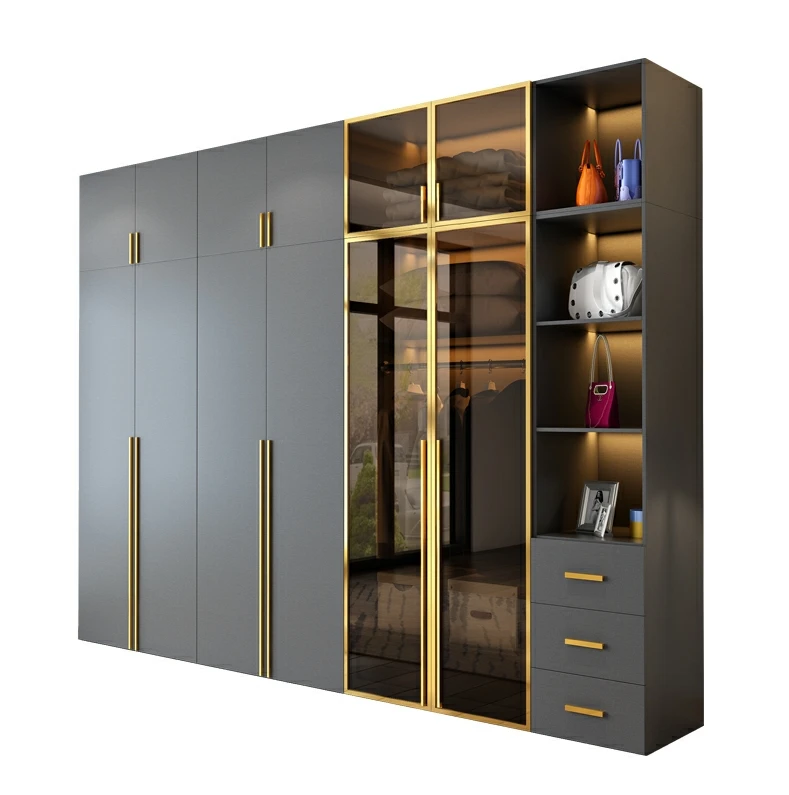 Light Luxury Glass Door Wardrobe Home Bedroom Modern Simple Wooden ins Wardrobe Three Four Five Six Eight Door Wardrobe