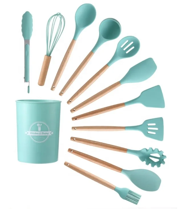 Customized Turner Spoon Cooking Wooden Handle Kitchen Tools 12pcs Silicone Kitchen Utensil Set