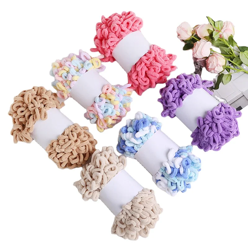 High Quality 100% Polyester 0.1NM/1 Soft Rainbow DIY Chunky Puffy Velvet Fancy Finger Loop Yarn for Hand Knitting 100g
